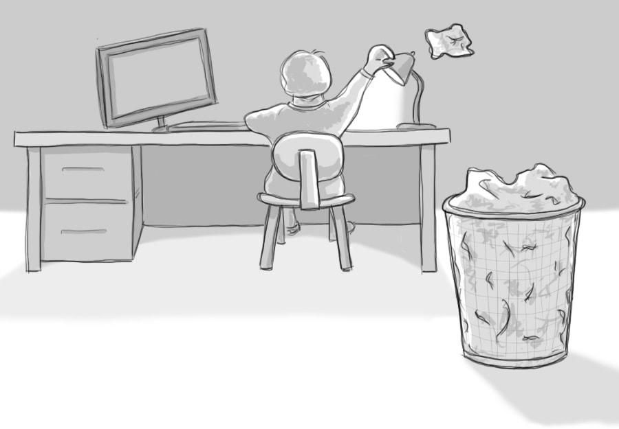 Illustration of someone at a desk throwing crumpled up paper into a trash bin.