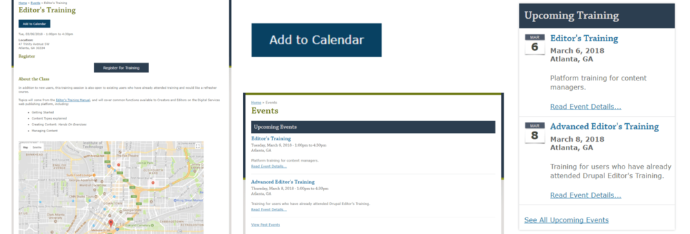 Four screenshots, side-by-side: An Event page, an Add to Calendar button, an Events listing page, and an Upcoming Events box.