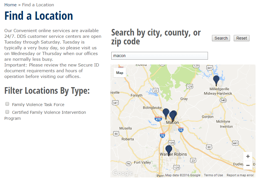 Map listing of locations. Search by location and filter by type of office.