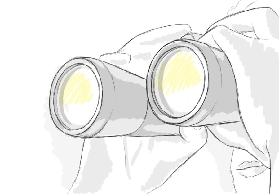 Illustration of someone looking at a bright light through binoculars.