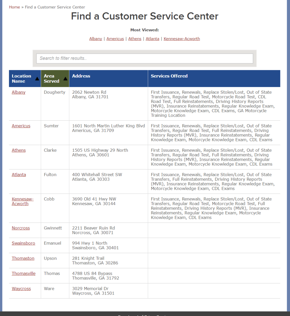 Locations listing page, desktop view.