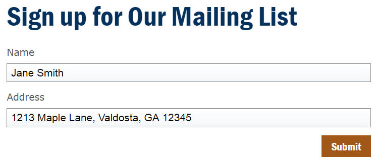 Filled-out form containing a name and mailing address.