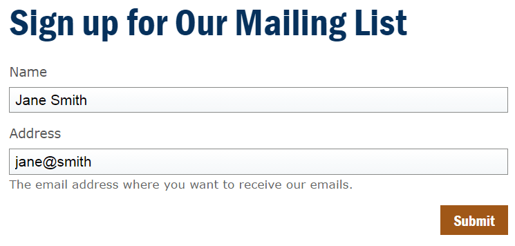 Form with a description under the Address field that says: "The email address where you want to receive our emails." The Address field is filled with "jane@smith."