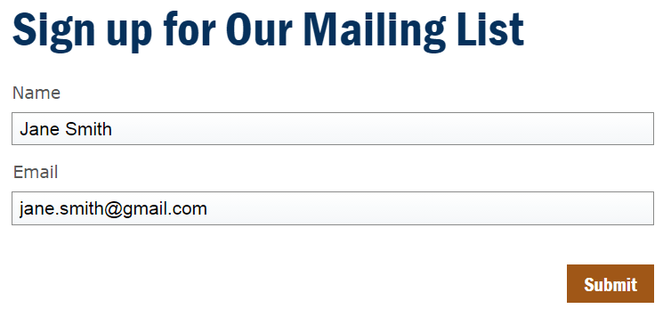 Correctly completed form. In Name field: "Jane Smith." In Email field: "jane.smith@gmail.com."