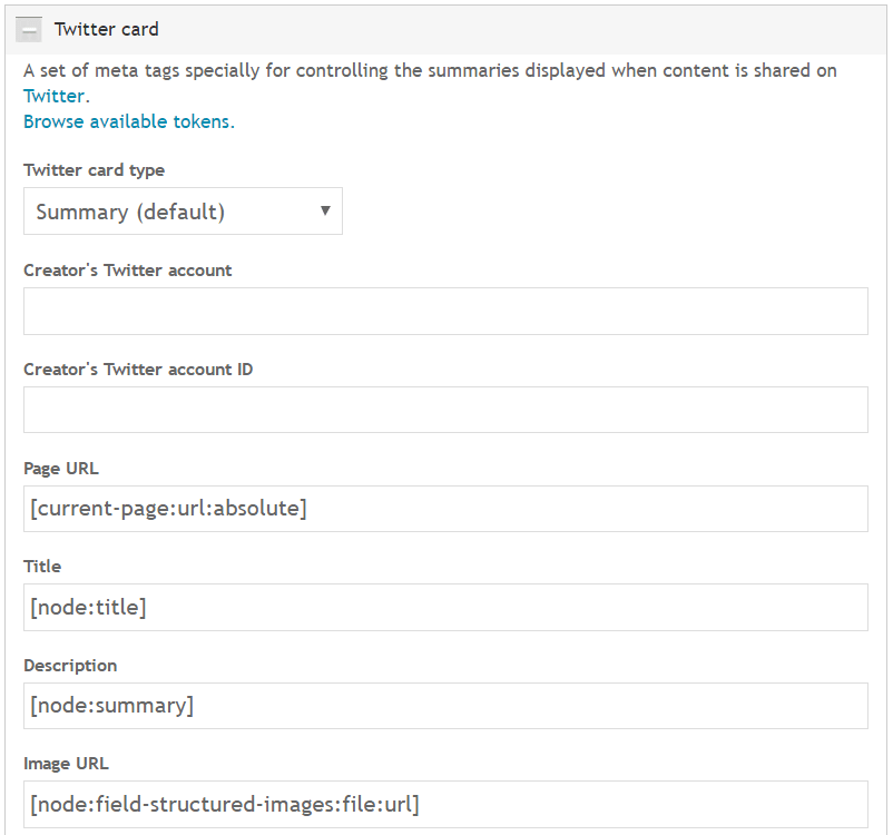 A few pieces of Twitter Card customizable metadata including fields for: Twitter card type; Creator's Twitter account; Creator's Twitter account ID; Page URL; Title; Description; and Image URL. All of these fields except for Creator's Twitter account and Creator's Twitter account ID are auto-filled with default settings.