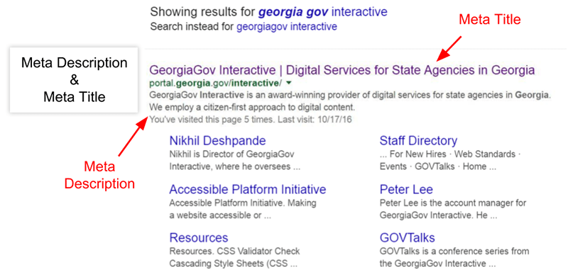 Search results for "georgia gov interactive." Results show the GeorgiaGov Interactive link with meta title ("Digital Services for State Agencies in Georgia") and meta description ("GeorgiaGov Interactive is an award-winning provider of digital services for state agencies in Georgia. We employ a citizen-first approach to digital content.