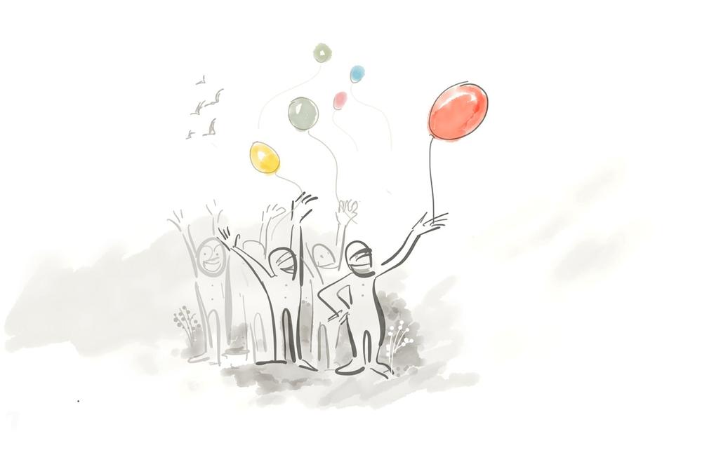 Illustration of a group of people letting go of balloons and cheering.
