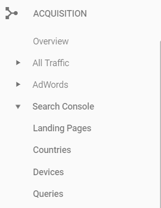 Screenshot of report options in Google Analytics. Under the Acquisition heading, there are 4 Search Console options: Landing Pages, Countries, Devices, and Queries.