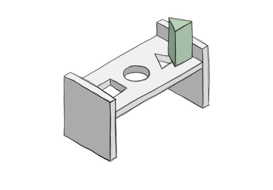 Illustration of an old toddler game. A triangle-shaped block is ready to fit in through a triangle-shaped hole.