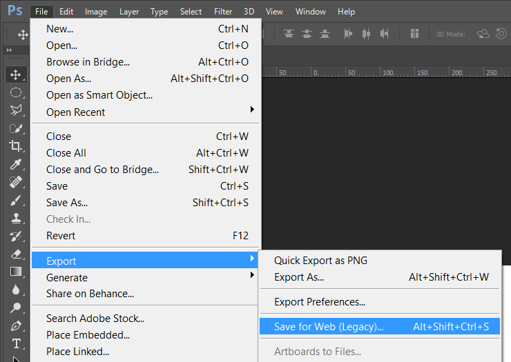 The Save for Web (Legacy) link is highlighted under Export within the File menu