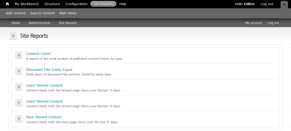 Site reports available on platform websites include: content count, document file entity count, least viewed content, and most viewed content.