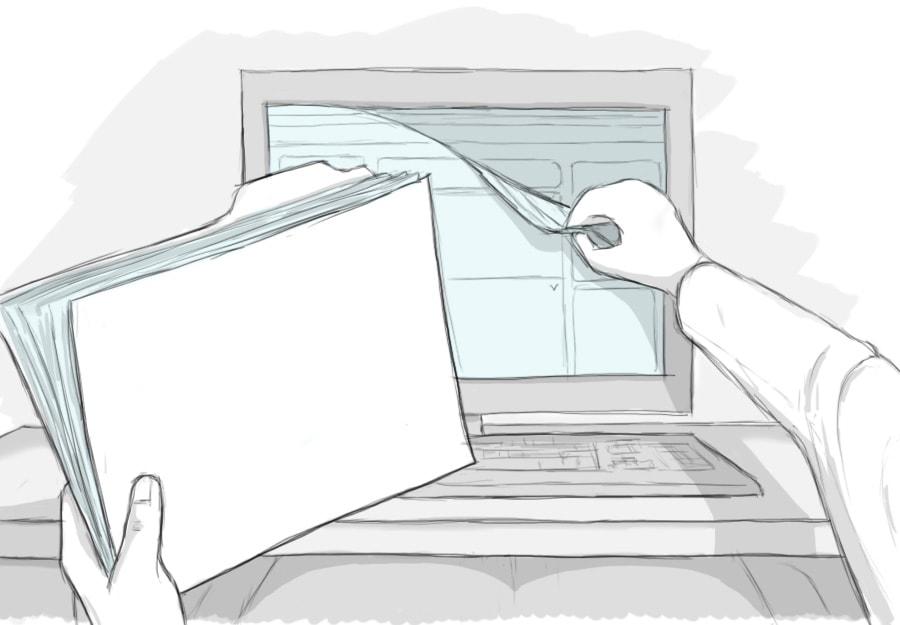 Illustration of a person peeling off a layer of a computer screen with a social media platform on it. In their other hand, they're holding a filing folder to put the layer in.