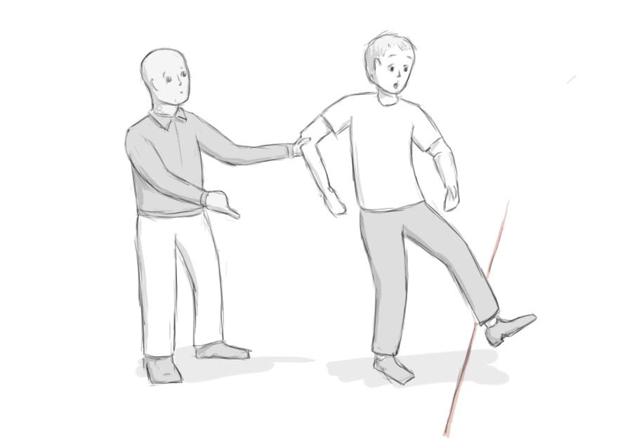 Illustration of one man stopping another from stepping over a line.