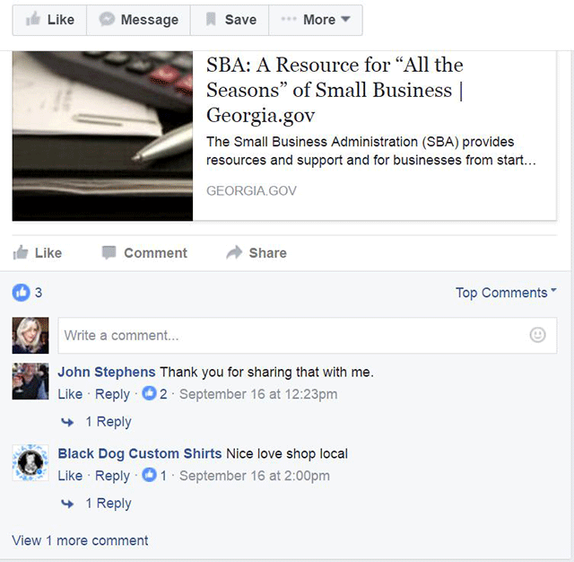 An example of sharing a post on Facebook with comments 