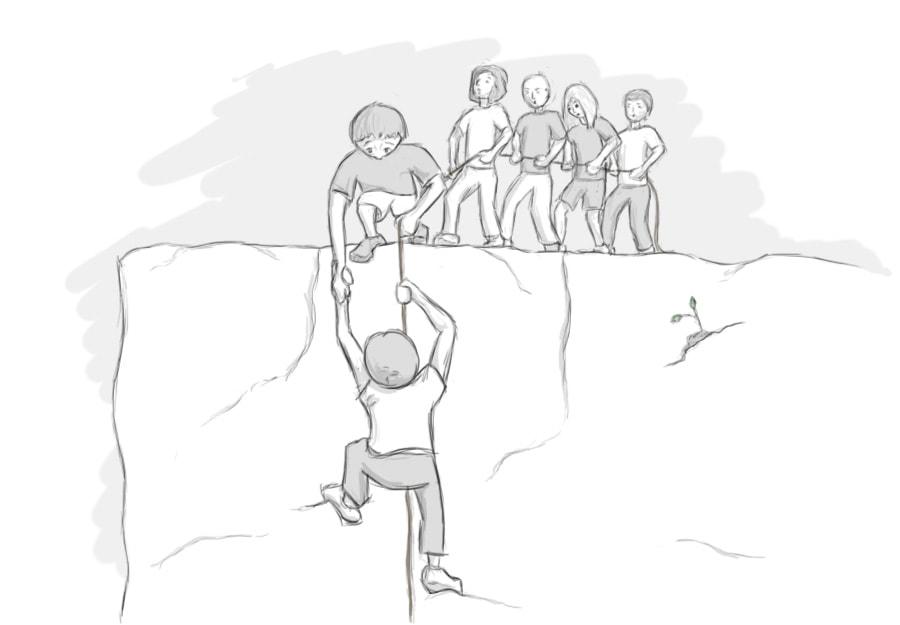 Illustration of a group of people pulling one person up a cliff.