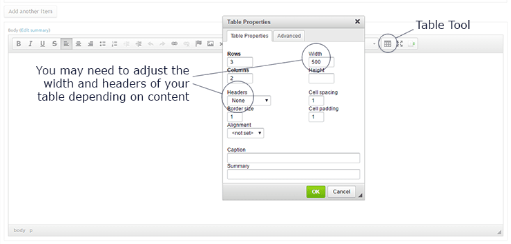 Table Properties menu with examples circled to explain how