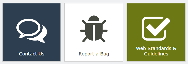 Three tiles with icons - Contact Us, Report a Bug and Web Standards and Guidelines