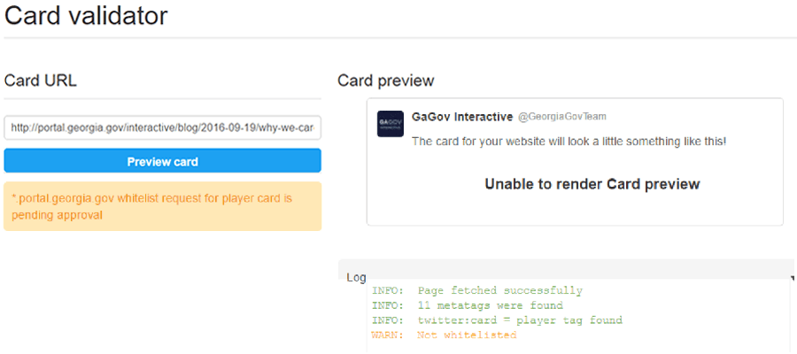 Screenshot of the Twitter card validator, showing that a website isn't whitelisted and the media card won't render.