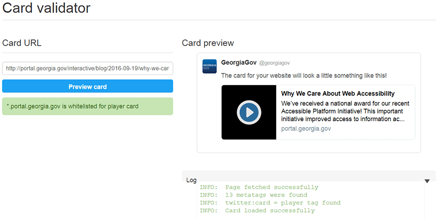 Screenshot of the Twitter card validator, showing that the same website as before is now whitelisted and the media card now renders.