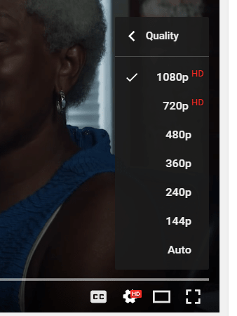Screenshot of the YouTube quality pull-out menu. 