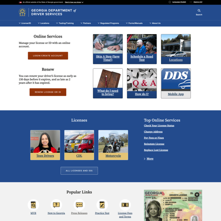 Homepage for the Georgia Department of Driver Services website