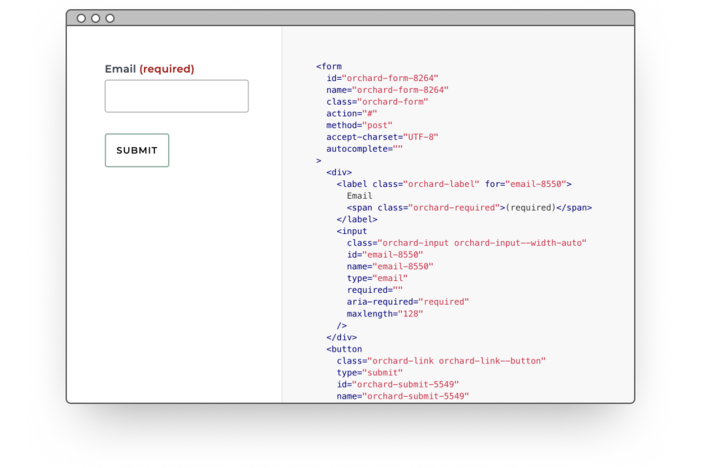 A browser window showing HTML code next to a short web form.