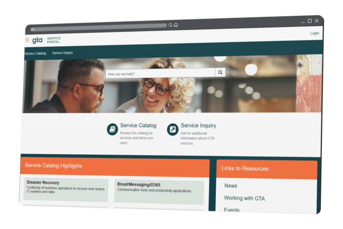 screen shot of GTA Service Portal homepage