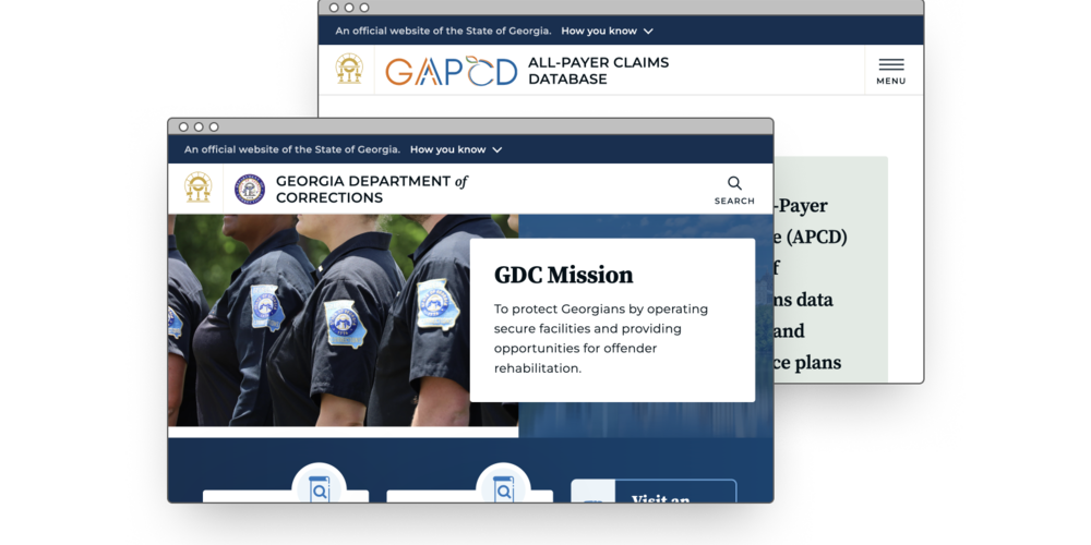 Two browser windows, one showing the Georgia Department of Corrections website, and the other showing the Georgia All-Payer Claims Database website.
