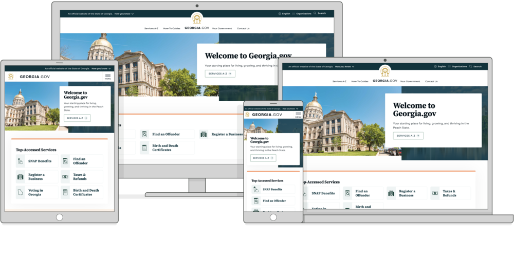 A mockup of the georgia.gov homepage shown on a phone, tablet, laptop, and desktop computer.