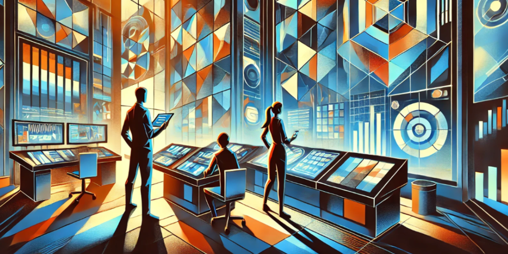 Futuristic illustration of people looking at large screens with graphic geometric shapes.