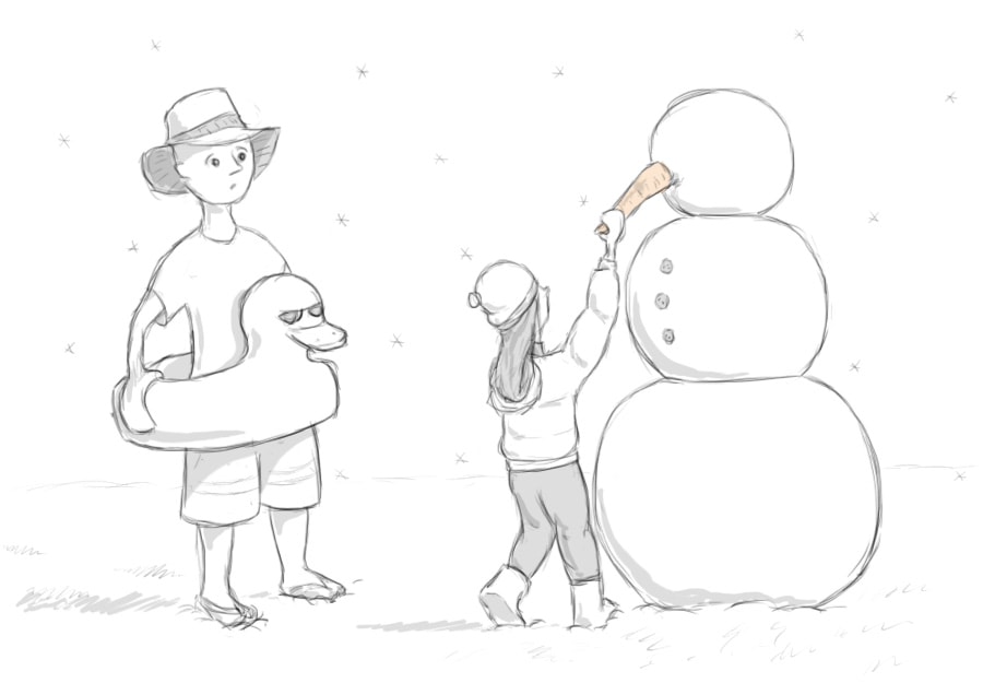 Illustration of a man ready for the beach, sadly watching a girl build a snowman.